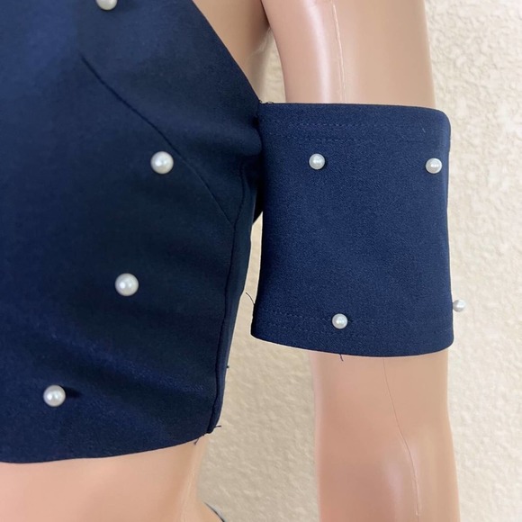 Miss Avenue Womens Pearl Off The Shoulder Crop Top Medium Navy Blue Halter - Picture 3 of 10